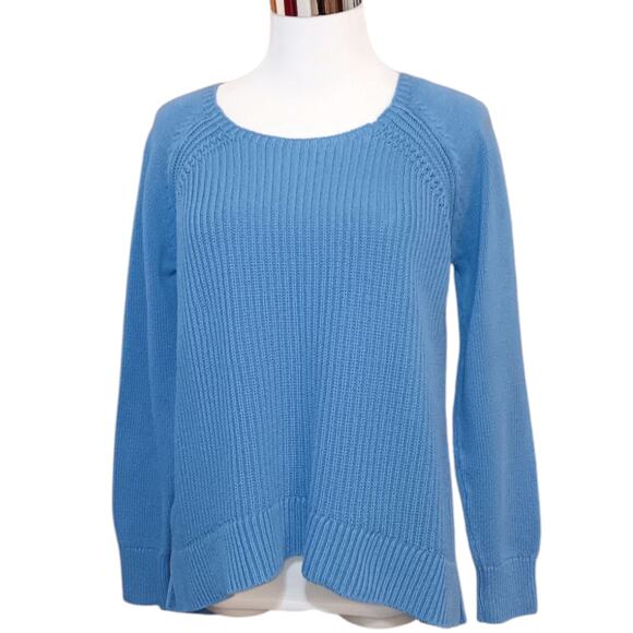 LOFT Cableknit Sweater M Cotton High Low Hem Blue Casual Office Career Event‎ - Picture 9 of 10